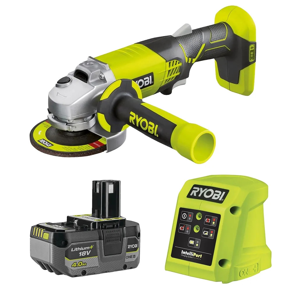 Ryobi R18AG-0 18V ONE+ 115mm Angle Grinder, 1x 4.0Ah Battery & Charger