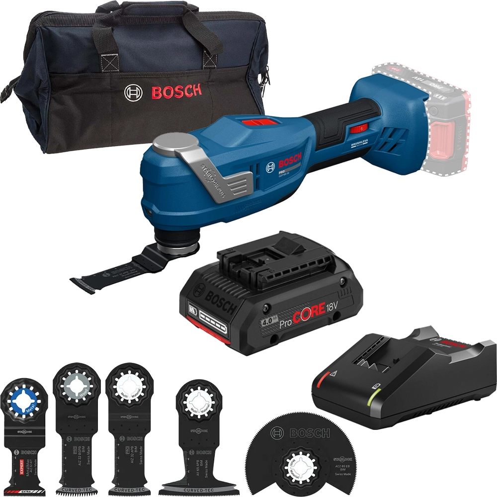 Bosch GOP 18V-30 PRO 18V Brushless Starlock Multi Tool, 5 Piece Blade Set, 1x 4.0Ah Procore Battery, Battery Charger & Large Tool Bag