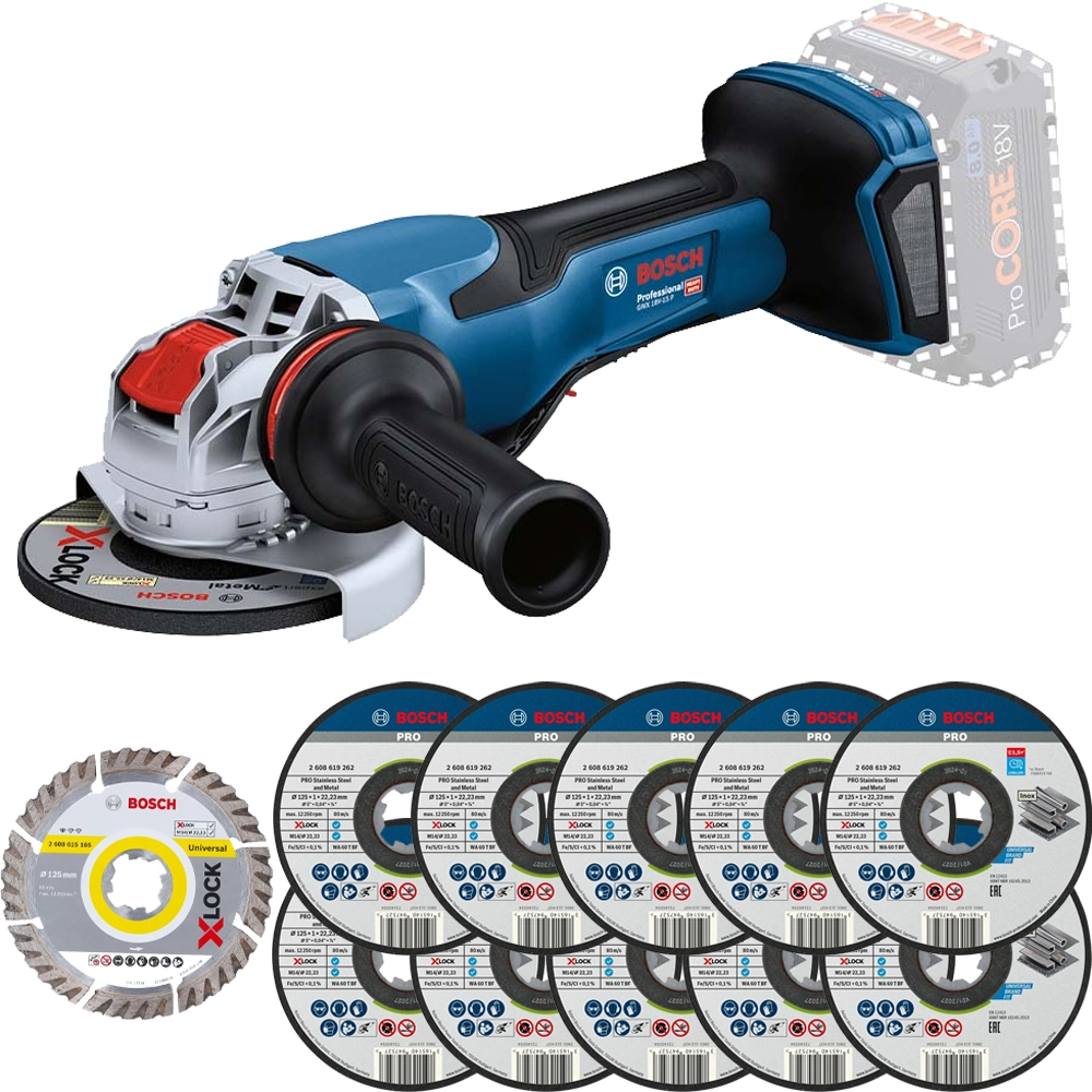 Bosch GWX 18V-15 P 18V BITURBO Brushless 125mm X-LOCK Angle Grinder, 10x PRO X-LOCK 125 x 22.23 x 1.0mm Standard for Inox Cutting Discs & PRO X-LOC…