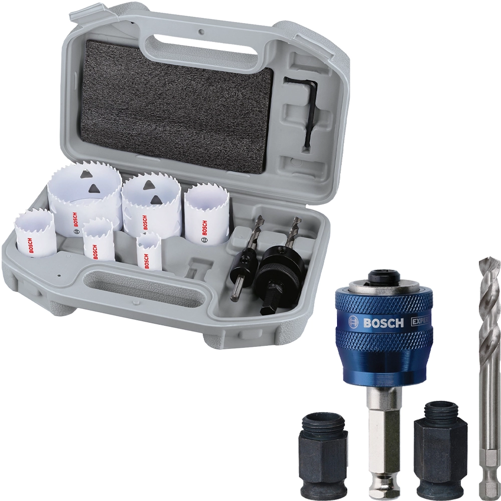 Bosch 9 Piece Multi Material Electricians Holesaw Set & EXPERT Holesaw Power Change Converting Set