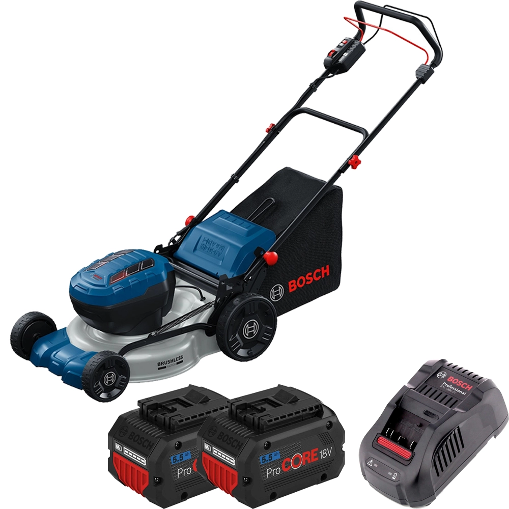 Bosch GRA 18V2-46 SP 18V PRO Brushless 46cm Self Propelled Lawnmower, 2x 5.5Ah Tabless Batteries & Fast Charger
