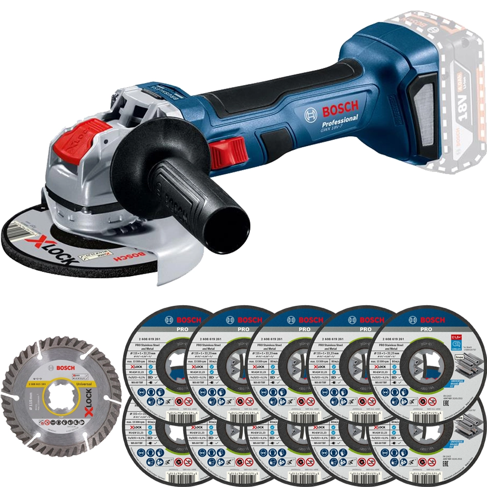 Bosch GWX 18V-7 Brushless 18V X-LOCK 115mm Angle Grinder, 1x PRO X-LOCK 115 x 22.23mm Universal Cutting Diamond Disc & 10x PRO X-LOCK 115 x 22.23 S…
