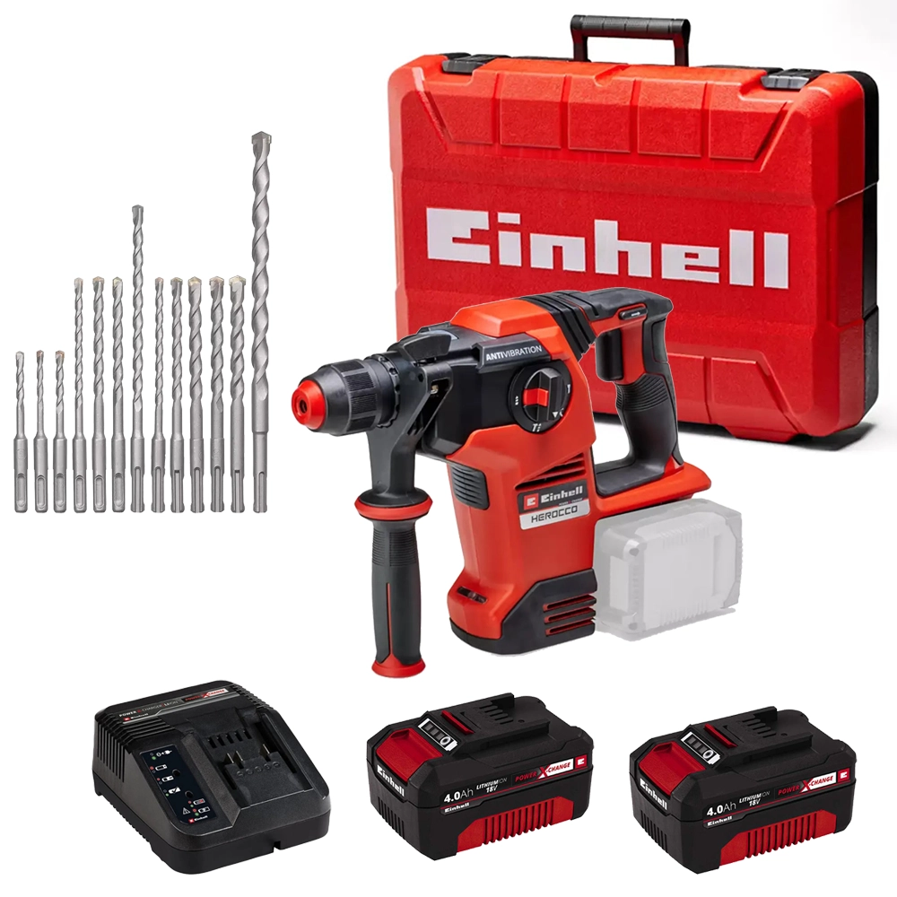 Einhell HEROCCO 36/28 36V Brushless SDS+ Rotary Hammer Drill, 2x 4.0Ah Power X-Change Batteries, Charger, 12 Piece SDS Drill Set & Case