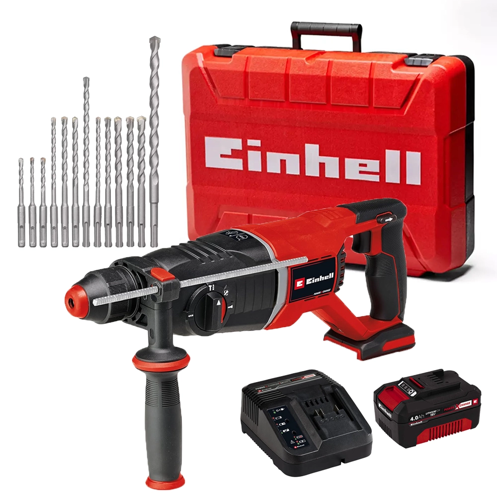 Einhell TP-HD 18/26 D Li BL - Solo Professional 18V Brushless SDS+ Drill, 4.0Ah Power X-Change Battery, 12 Piece SDS Drill Set & Case