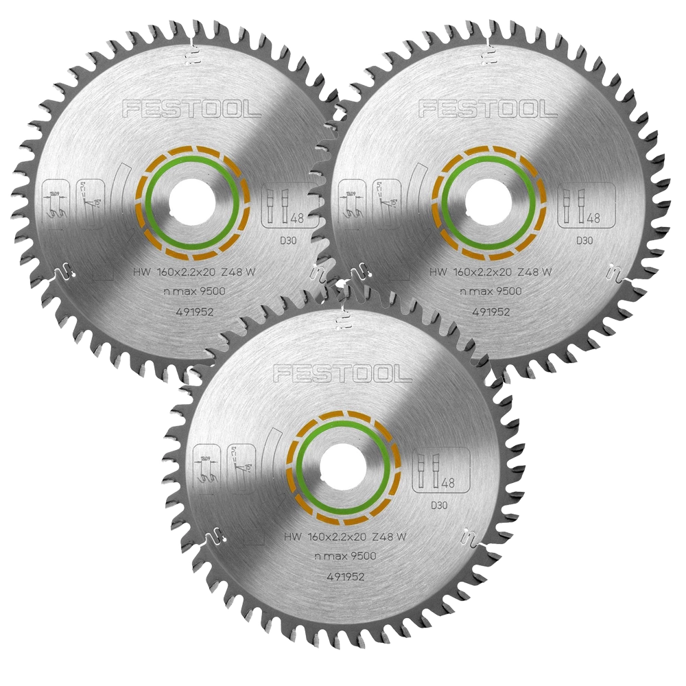 Festool 491952 160mm x 20mm 48T Wood Saw Blades - Pack of 3