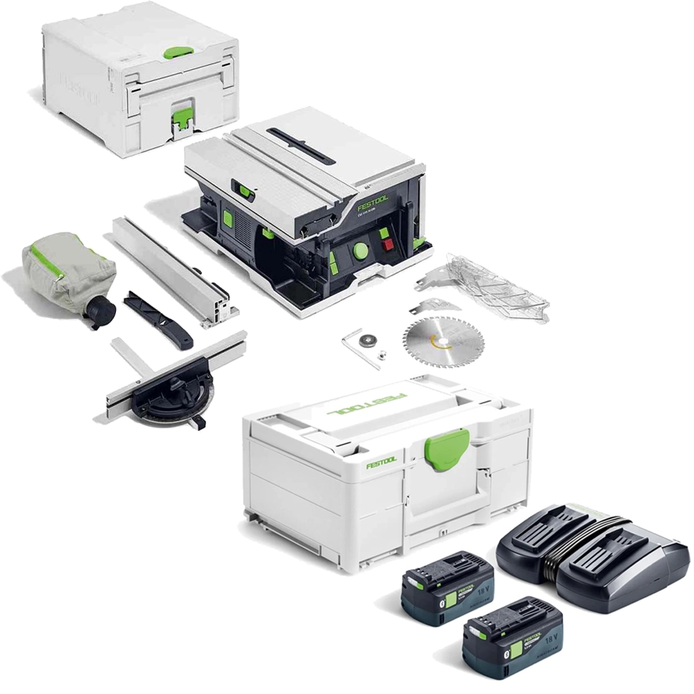 Festool CSC SYS 50 EBI 36V (Twin 18V) Brushless Table Saw, 2x High Power 5.0Ah Batteries, Charger, Underframe & Case