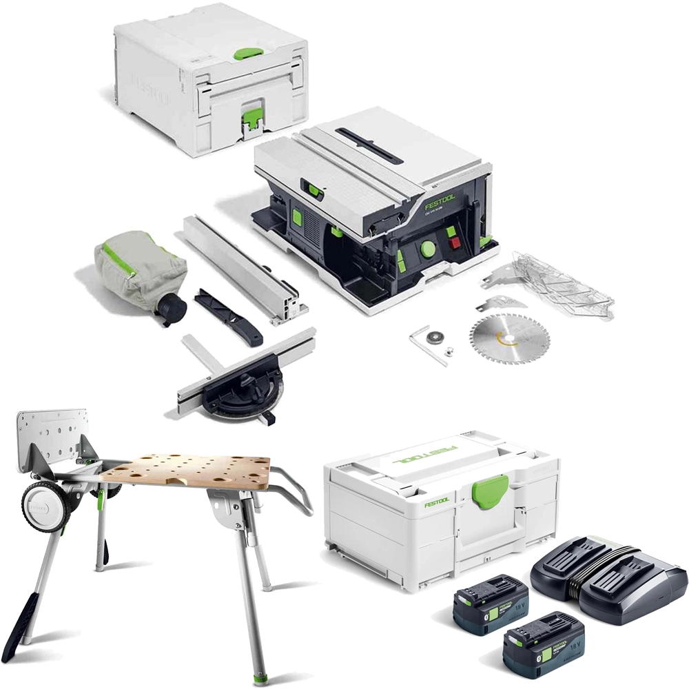 Festool CSC SYS 50 EBI 36V (Twin 18V) Brushless Table Saw, 2x High Power 5.0Ah Batteries, Charger, Underframe & Case