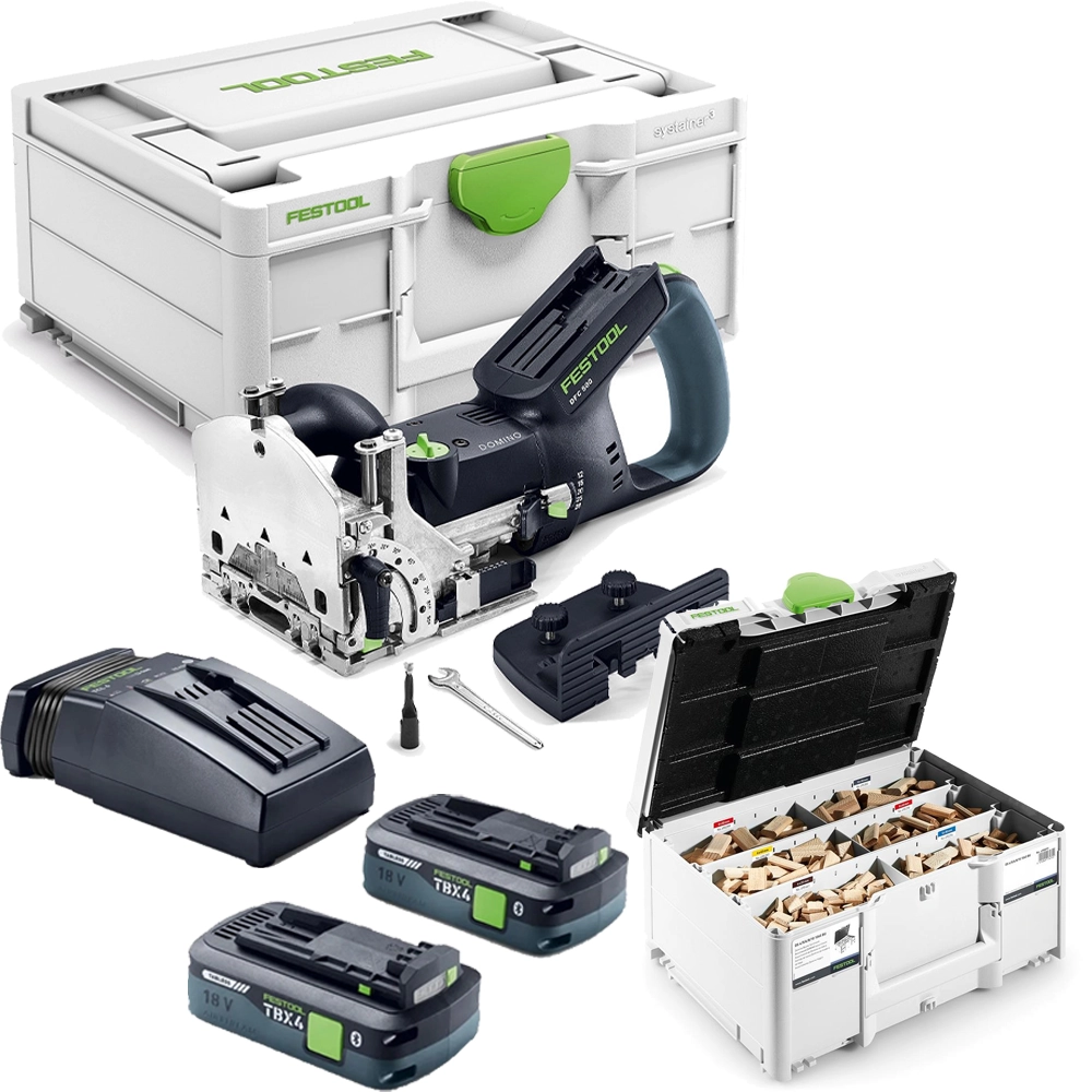 Festool DOMINO DFC 500 18V Domino Cutter, 2x 4.0Ah Tabless Batteries, Charger, DOMINO Dowel & Cutter Set & Case