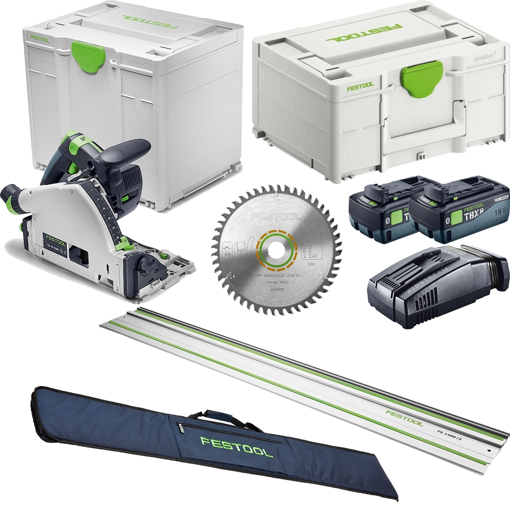 Festool TSC 55 KS 18V Brushless Plunge Saw, 2x 8.0Ah Tabless Batteries, Charger, Systainer Case, 60T Wood Blade, 1.4m Guide Rail & Guide Rail Bag