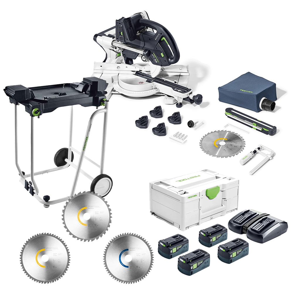 Festool KAPEX KSC 60 36V (Twin 18V) Brushless Sliding Compound Mitre Saw, 4x High Power 8.0Ah Batteries, Charger, Case, 3 Piece Blade Set & Underfr…