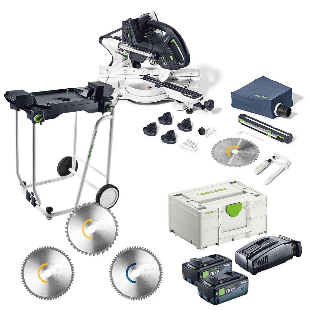 Festool KAPEX KSC 60 36V (Twin 18V) Mitre Saw, 2x Tabless 8.0Ah Batteries, Charger, Case, 3 Piece Blade Set & Underframe Chassis