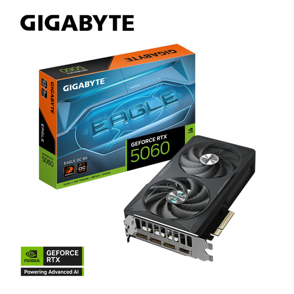 Gigabyte GeForce RTX™ GV-N5060EAGLEMAX OC-8GD, GDDR7, 2550MHz, 3840CUDA, 28Gbps, PCI-E 5.0, PSU 550W, 8 Pin*1, DisplayPort 2.1b *3, HDMI 2.1b *1 Gigabyte GeForce RTX™ GV-N5060EAGLEMAX OC-8GD, GDDR7, 2550MHz, 3840CUDA, 28Gbps, PCI-E 5.0, PSU 550W, 8 Pin*1, DisplayPort 2.1b *3, HDMI 2.1b *1