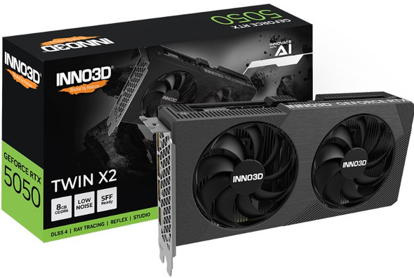 INNO3D nVidia GeForce RTX 5050 TWIN X2 8GB GDDR6 2572 MHz Boost Clock, VRAM 20 Gbps, 3x DP, 1xHDMI, 225x116x41mm INNO3D nVidia GeForce RTX 5050 TWIN X2 8GB GDDR6 2572 MHz Boost Clock, VRAM 20 Gbps, 3x DP, 1xHDMI, 225x116x41mm