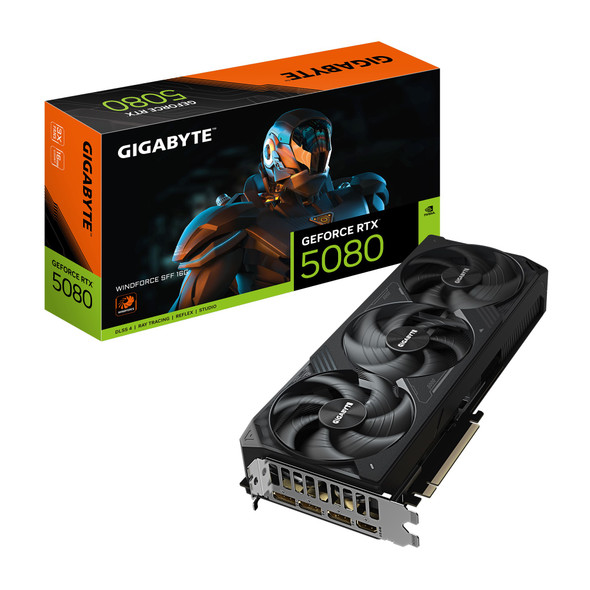 Gigabyte GeForce RTX™ 5080 WINDFORCE SFF 16G, 2617 MHz, CUDA 10752. 30 Gbps, GDDR7, 256 bit  PCI-E 5.0, PSU 850W, DisplayPort 2.1b x3 HDMI 2.1b x1 Gigabyte GeForce RTX™ 5080 WINDFORCE SFF 16G, 2617 MHz, CUDA 10752. 30 Gbps, GDDR7, 256 bit  PCI-E 5.0, PSU 850W, DisplayPort 2.1b x3 HDMI 2.1b x1