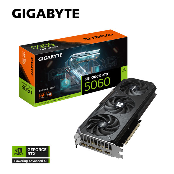 Gigabyte GeForce RTX™ 5060 GAMING OC 8G, 2595 MHz, CUDA 3840, 28 Gbps. GDDR7, 128 bit PCI-E 5.0, PSU 500W, DisplayPort 2.1b *3 HDMI 2.1b x1 Gigabyte GeForce RTX™ 5060 GAMING OC 8G, 2595 MHz, CUDA 3840, 28 Gbps. GDDR7, 128 bit PCI-E 5.0, PSU 500W, DisplayPort 2.1b *3 HDMI 2.1b x1