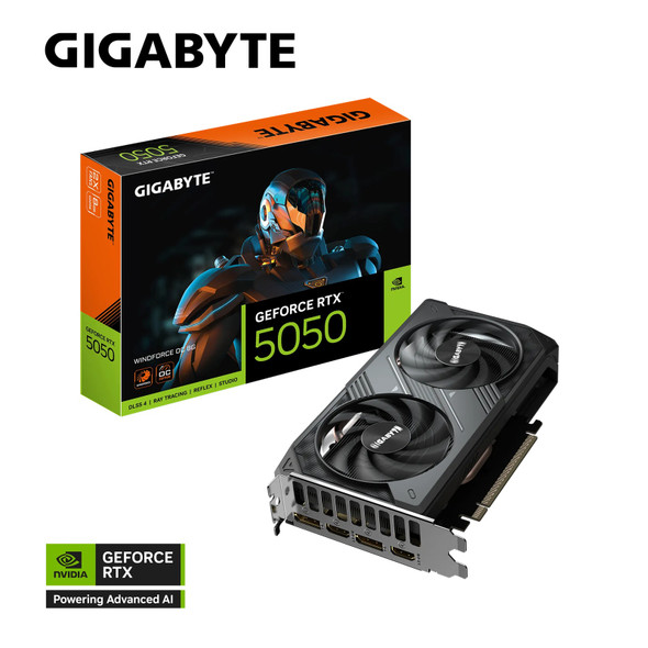 Gigabyte GeForce RTX™ 5050 WINDFORCE OC 8G, 20 Gbps, GDDR6, 128 bit, PCI-E 5.0, DirectX 12 API, PSU 550W, 8 Pin*1, DisplayPort 2.1b *2, HDMI 2.1b *2 Gigabyte GeForce RTX™ 5050 WINDFORCE OC 8G, 20 Gbps, GDDR6, 128 bit, PCI-E 5.0, DirectX 12 API, PSU 550W, 8 Pin*1, DisplayPort 2.1b *2, HDMI 2.1b *2