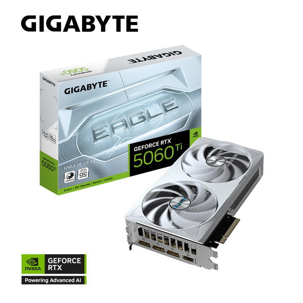 Gigabyte GeForce RTX™ 5060 Ti EAGLE OC ICE 8G, 2617 MHz, 28 Gbps, GDDR7, 128 bit, PCI-E 5.0, ATX, PSU 650W, DisplayPort 2.1b *3, HDMI 2.1b *1 Gigabyte GeForce RTX™ 5060 Ti EAGLE OC ICE 8G, 2617 MHz, 28 Gbps, GDDR7, 128 bit, PCI-E 5.0, ATX, PSU 650W, DisplayPort 2.1b *3, HDMI 2.1b *1