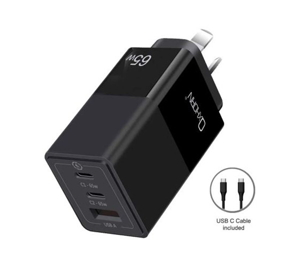 Oxhorn 65W GaN Type C fast Charger 3 Port 2xUSB-C 1xUSB-A PD3.0 QC4.0 PPS AUS Approved C-tick Black with cable Oxhorn 65W GaN Type C fast Charger 3 Port 2xUSB-C 1xUSB-A PD3.0 QC4.0 PPS AUS Approved C-tick Black with cable