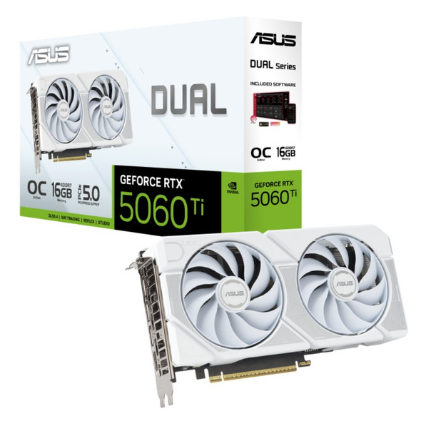 ASUS nVidia GeForce DUAL-RTX5060TI-O16G-WHITE RTX 5060 Ti 16GB GDDR7 White OC Edition 2602MHz Boost Clock, RAM 28Gbps, 767AI TOPs, Digital Max Resolut ASUS nVidia GeForce DUAL-RTX5060TI-O16G-WHITE RTX 5060 Ti 16GB GDDR7 White OC Edition 2602MHz Boost Clock, RAM 28Gbps, 767AI TOPs, Digital Max Resolut