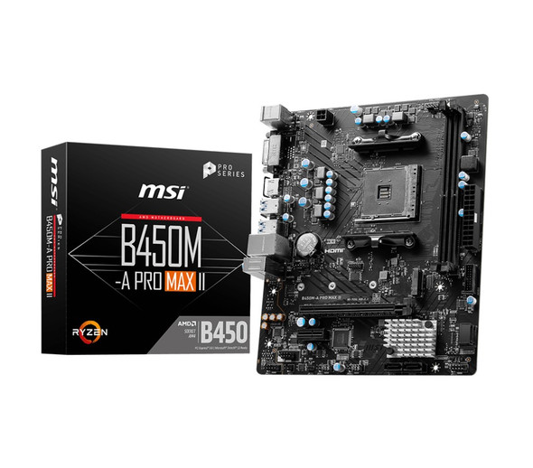 MSI B450M-A PRO MAX II AMD M-ATX Motherboard - AM4 Ryzen, 2xDDR4-max64GBCapacity,1xPCIe x16slot, 4xSATA 6Gb, 6xUSB3.0, 6xUSB2.0, DVI-D HDMI, 2.5G LAN MSI B450M-A PRO MAX II AMD M-ATX Motherboard - AM4 Ryzen, 2xDDR4-max64GBCapacity,1xPCIe x16slot, 4xSATA 6Gb, 6xUSB3.0, 6xUSB2.0, DVI-D HDMI, 2.5G LAN