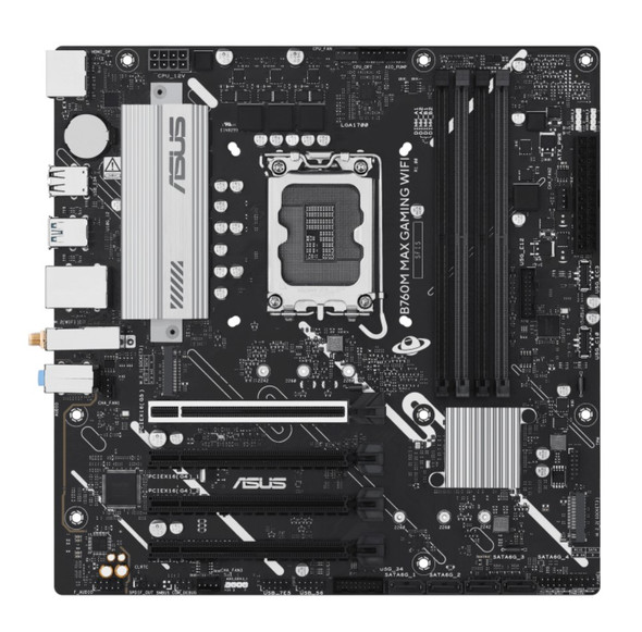 ASUS B760M MAX GAMING WIFI Intel LGA1700 mATX Motherboard, PCIe 5.0, DDR5, 3x M.2 slots, 1GB Ethernet, Wi-Fi 6, 1xDP, 1xHDMI, SATA 6Gbps, USB-C, AuraS ASUS B760M MAX GAMING WIFI Intel LGA1700 mATX Motherboard, PCIe 5.0, DDR5, 3x M.2 slots, 1GB Ethernet, Wi-Fi 6, 1xDP, 1xHDMI, SATA 6Gbps, USB-C, AuraS