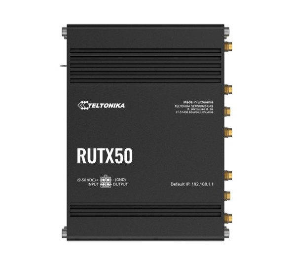Teltonika RUTX50 Industrial 5G Router, 5G dual SIM cellular, 5 Gigabit Ethernet ports, dual-band WI-Fi, PSU included