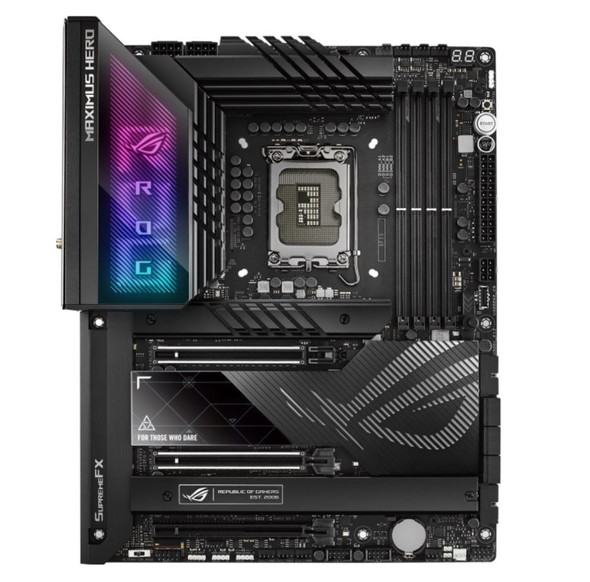 ASUS ROG MAXIMUS Z790 HERO ATX Motherboard, 4xDDR5, 2xPCI-E 5.0x16, 5xM.2, 6xSATA3, 10xUSB3.2, 1xHDMI 2.1, 2x TB4, WIFI6E, BT5.3, Intel 2.5GbE, Aura S