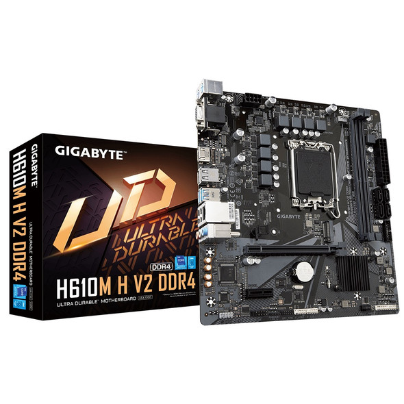 Gigabyte H610M H V2 DDR4 1.0 LGA 1700 mATX Motherboard, 2x DDR4 ~64GB, 1x PCI-E x16, 1x PCI-E x1, 1x M.2, 4x SATA, 2x USB 3.2, 4x USB 2.0