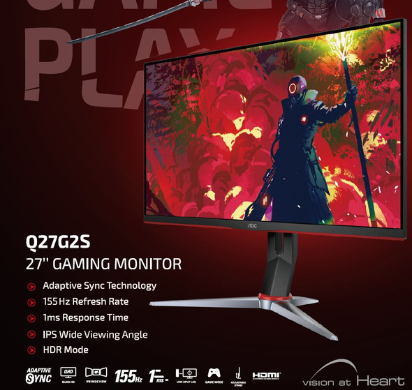 AOC 27' IPS QHD 155Hz, 1ms, 2560 x 1440, 350 cd/m2, G-Sync Compatible, HDR Mode, HDMI 2.0 x 2, DP 1.2 x 1 Gaming Monitor (LS)