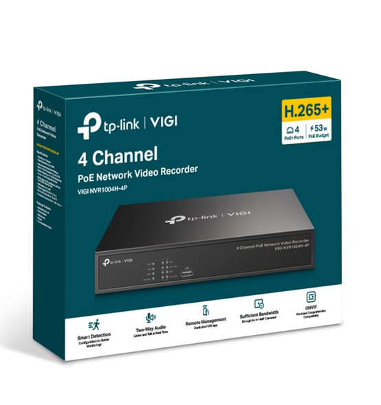 TP-Link VIGI NVR1004H-4P 4 Channel PoE+ Network Video Recorder, 24/7 Continuous Recording,4K HDMI Video Output & 16MP Decoding Capacity (LD)