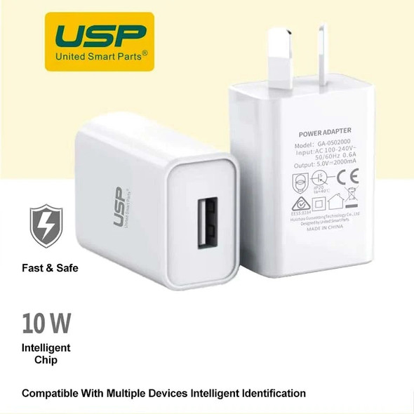 USP 10W USB-A Fast Wall Charger White - Intelligent Chip, Smart Charging, Output Voltage DC5V/3A, Output Current 2A max, Charge Your Phones & Tablets