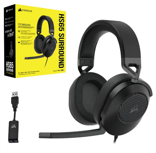 Corsair HS65 Carbon 7.1 Dolby Atoms Surround Wired Headset. All Day Comfort, Lightweight, Sonarworks SoundID 3.5mm, USB PC, Mac, Headphone (LS)