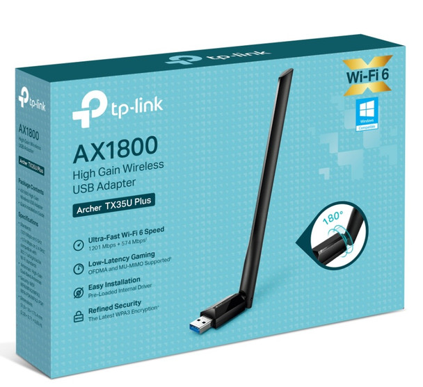 TP-Link Archer TX35U Plus AX1800 High Gain Wireless USB Adapter, 1201 Mbps at 5 GHz + 574 Mbps at 2.4 GHz, 1× High Gain External Antenna, USB 3.0
FEA