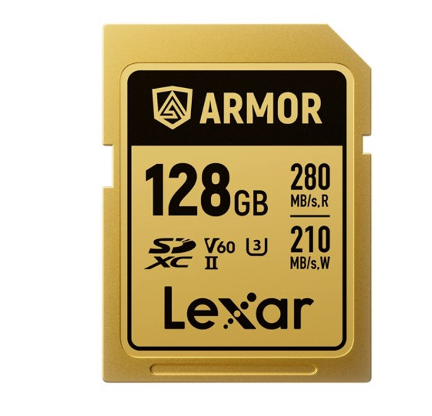 Lexar Professional ARMOR GOLD 128GB SDXC™ UHS-II Card up to 280MB/s read, up to 210MB/s write, Stainless steel, Rated IP68, 5-meter drop proof