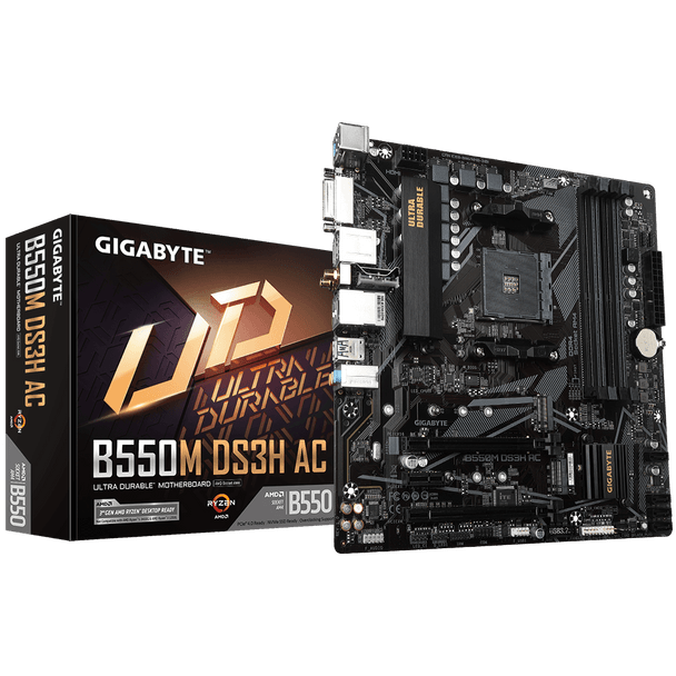 Gigabyte B550M DS3H AC AM4 Ryzen mATX Motherboard, 4x DDR4, 3x PCI-e, 2x M.2, 4x SATA III, RAID 0/1/10, 4x USB 3.2, 4x USB 2.0