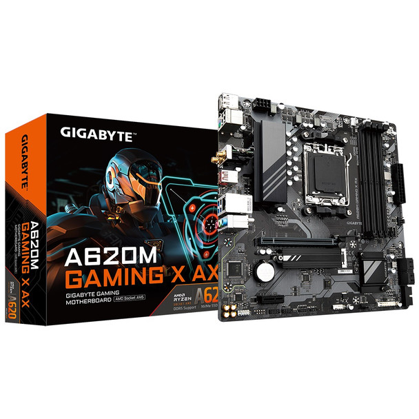 Gigabyte A620M GAMING X AX 1.0  AMD mATX MB 4xDDR5 1xM.2, 4xSATA,1xPCIE16, 1xPCIE1, 1xHDMI 1xDisplayport 3 x USB 3.2 2 x USB 2.0 1 x USB Type-C