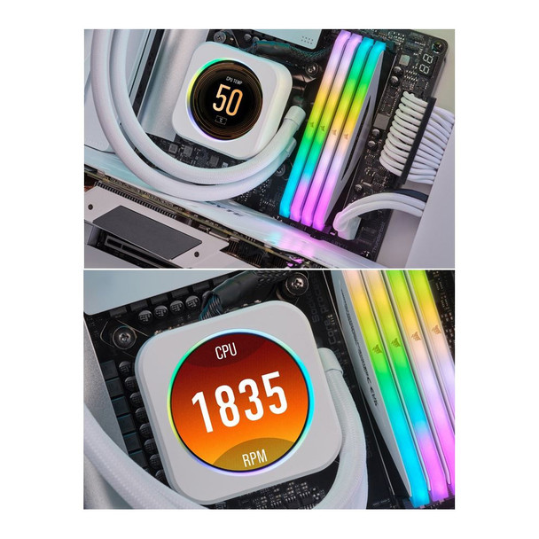 CORSAIR iCUE ELITE CPU Cooler LCD White Display Upgrade Kit transforms your CORSAIR ELITE CAPELLIX CPU cooler into a personalized dashboard