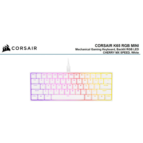 Corsair K65 RGB MINI 60% Mechanical Gaming Keyboard, Backlit RGB LED, CHERRY MX SPEED Keyswitches, White