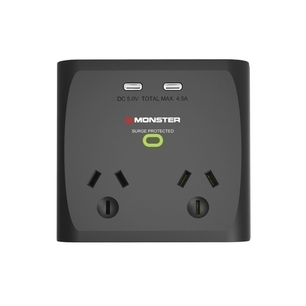 Monster Dual Socket Surge Protector with Dual USB-C Ports - Black