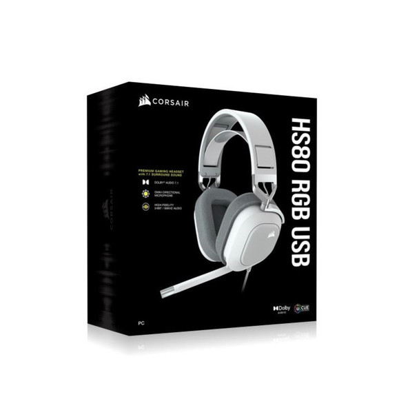 Corsair HS80 RGB White- Dolby Atoms 3D, Pulse Sound, Dolby 7.1 Surroud, USB - Gaming Headset PC,PS5, Headphones