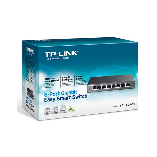 TP-Link TL-SG108E 8-Port Gigabit Easy Smart Switch Provides network monitoring, traffic prioritization and VLAN Web-based user interface Fanless