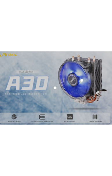 Antec A30 K 92mm Blue LED 36CFM, 2x Copper Heatpipe. Intel 1700. 775, 115x, 1200, AMD, AM4, FM1, FM2 +  CPU Air Cooler, TDP 95w, 12 Months Warranty