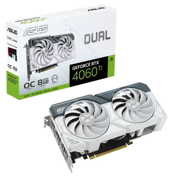 ASUS nVidia GeForce DUAL RTX4060TI-O8G RTX4060 Ti OC Edition 8GB GDDR6, 2565 MHz Boost Clock, RAM 18 Gbps, 3xDP, 1xHDMI ( White)