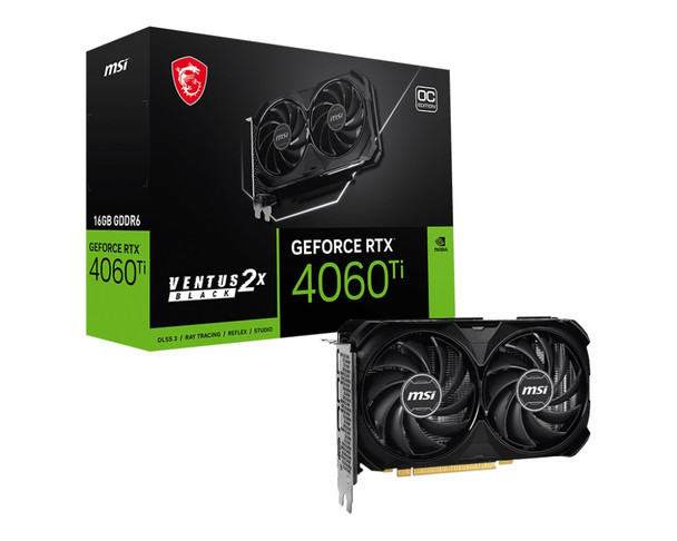 MSI nVidia GeForce RTX 4060 Ti VENTUS 2X BLACK 16G OC Video Card  2610 MHz Boost Clock, 16GB GDDR6,DisplayPort x 3 (v1.4a),HDMI x 1 MSI nVidia GeForce RTX 4060 Ti VENTUS 2X BLACK 16G OC Video Card  2610 MHz Boost Clock, 16GB GDDR6,DisplayPort x 3 (v1.4a),HDMI x 1