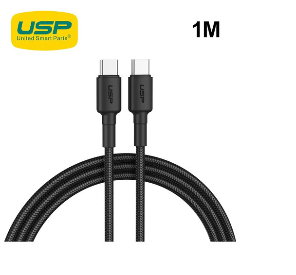 USP BoostUp Braided USB-C to USB-C Cable (1M) Black -3A Fast & Safe Charge,Strong & Durable,Samsung Galaxy,Apple iPhone,iPad,MacBook,Google,OPPO,Nokia