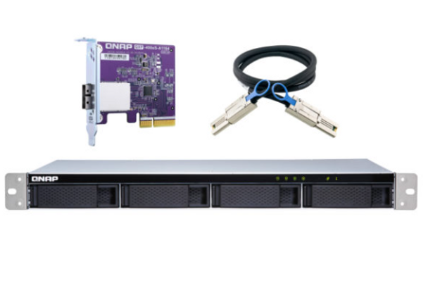 QNAP TL-R400S 4-bay 1U rackmount SATA JBOD expansion unit with a QXP-400eS-A1164 PCIe SATA host card and 1 SFF-8088 to SFF-8088 SAS/SATA 6Gb