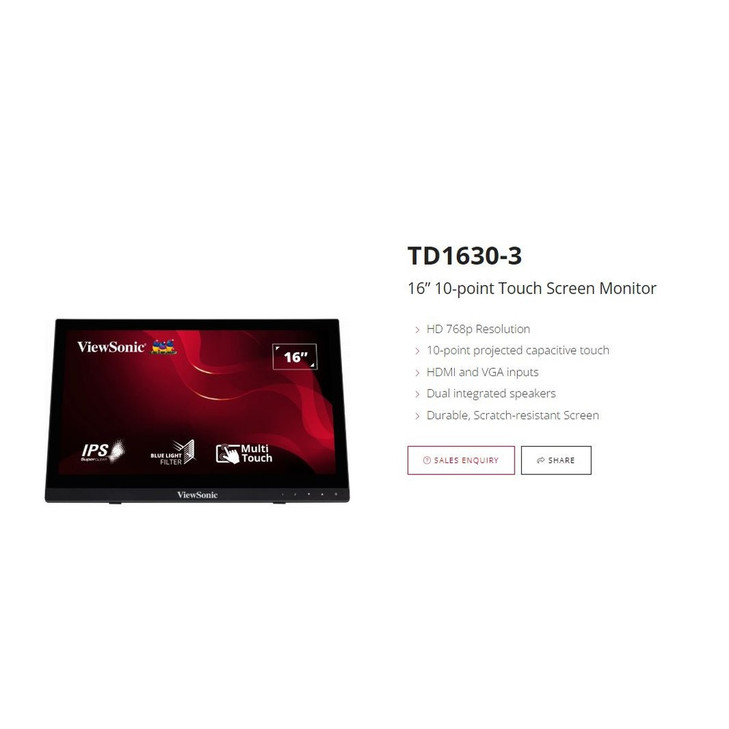 ViewSonic TD1630-3 16' 10 Point Projected Capactitive Touch HDMI and VGA Dual