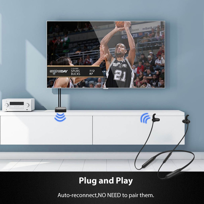 AVANTREE HT4186BLK WIRELESS NECKBAND EARBUDS FOR TV WITH TRANSMITTER 30M