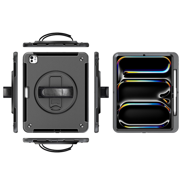 Generic Rugged Apple iPad Pro M4 (13') (7th Gen) Case Black - Built-in-Kickstand, Adjustable Hand Strap, Pen Holder, DropProof