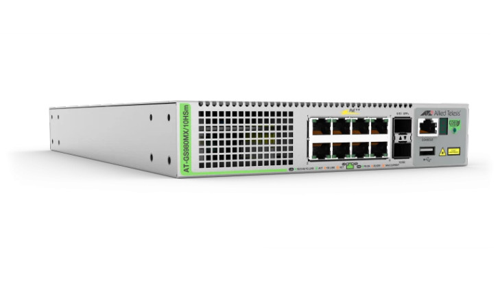 Allied Telesis Stackable Multi-Gigabit compact switch with 8 x 100M/1/2.5/5G PoE++ ports, and 2 x 10G uplinks. AU Power Cord.